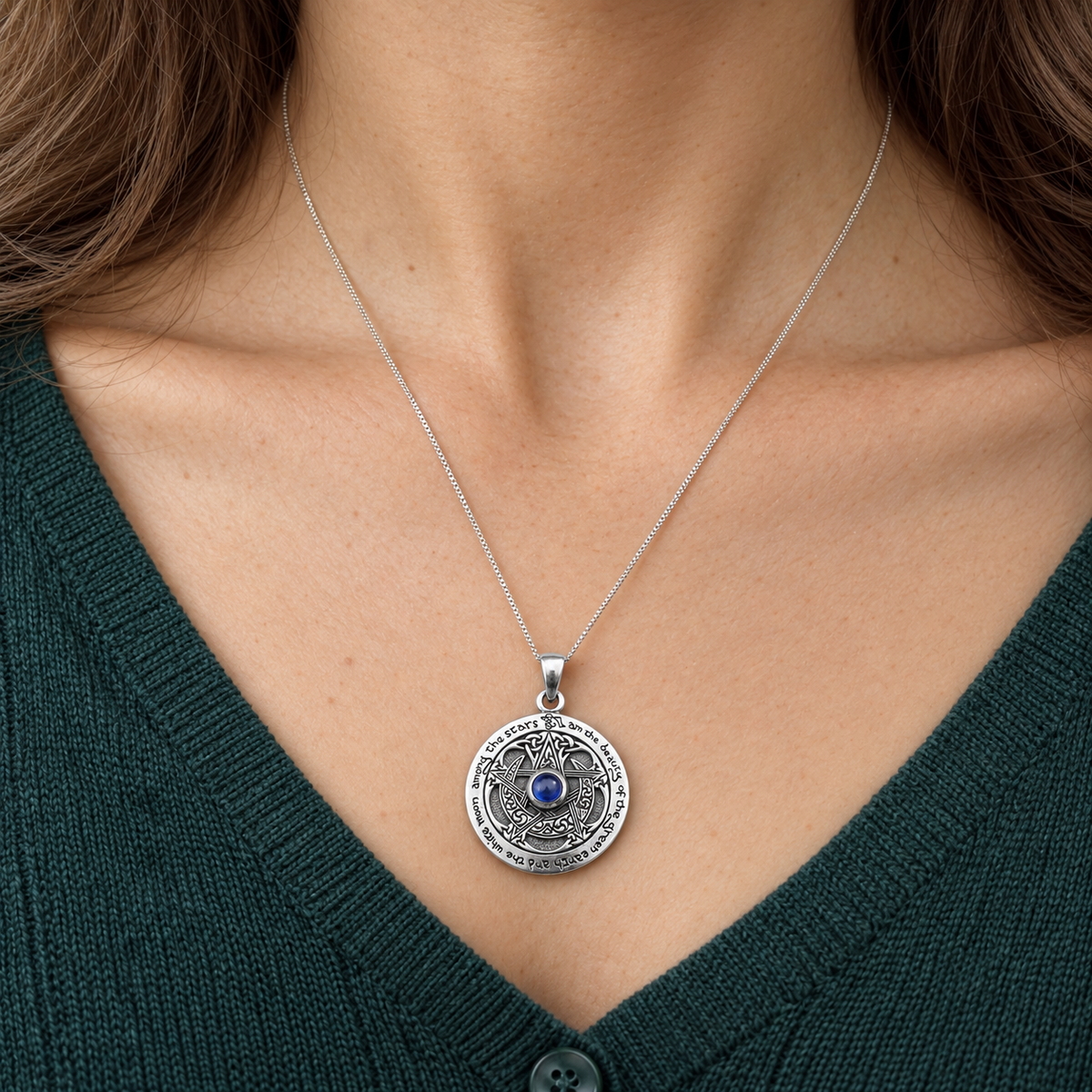 Silver Sapphire Moon Pentacle Pendant