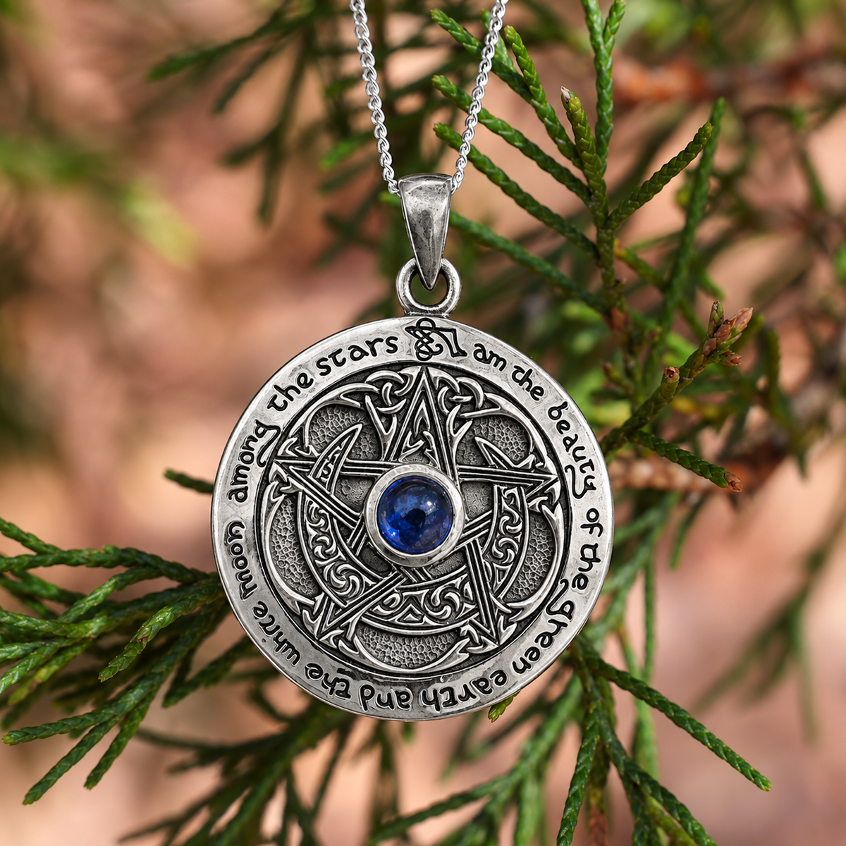 Silver Sapphire Moon Pentacle Pendant