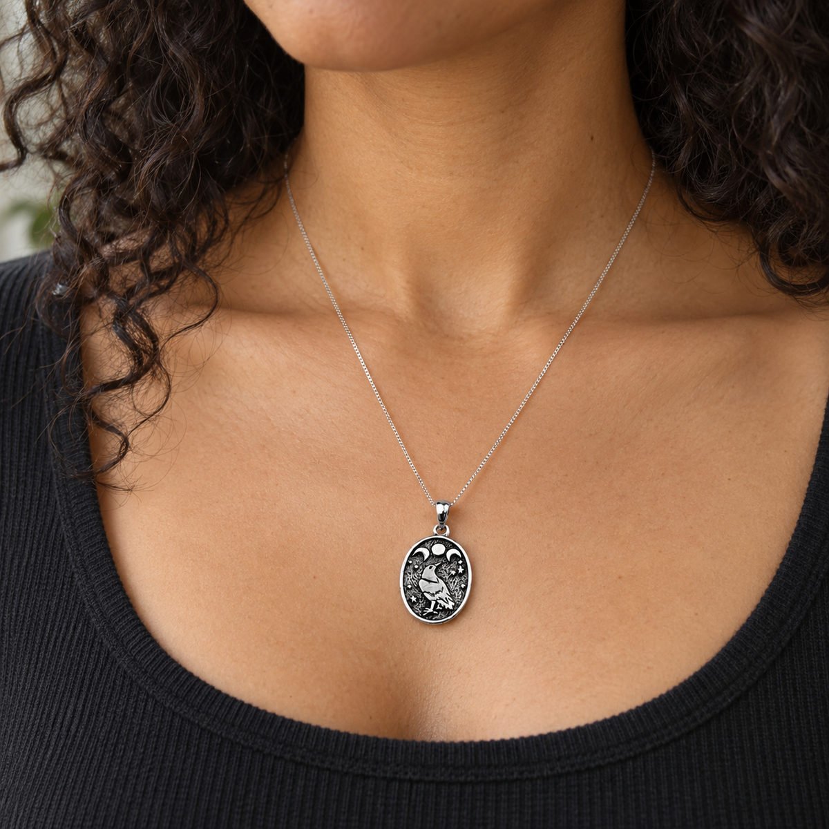 Silver Raven Moon Pendant