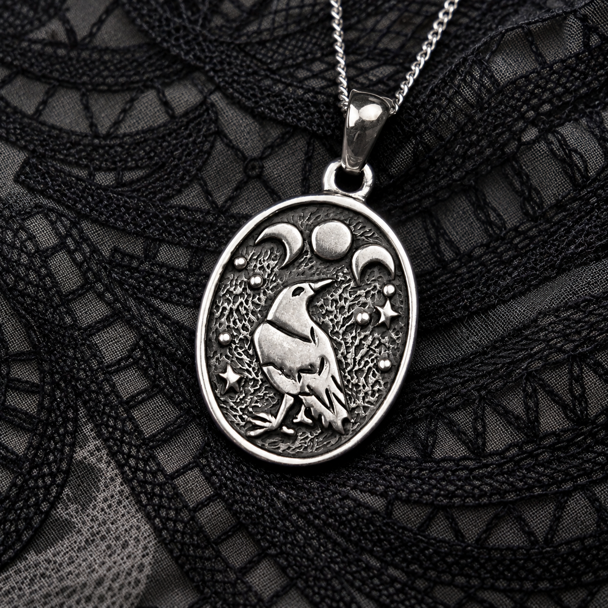 Silver Raven Moon Pendant