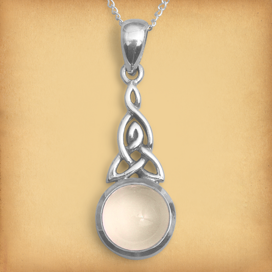 Sterling Silver Celtic Moonstone Pendant, featuring a luminous white moonstone, Celtic knotwork, and delicate silver chain. 