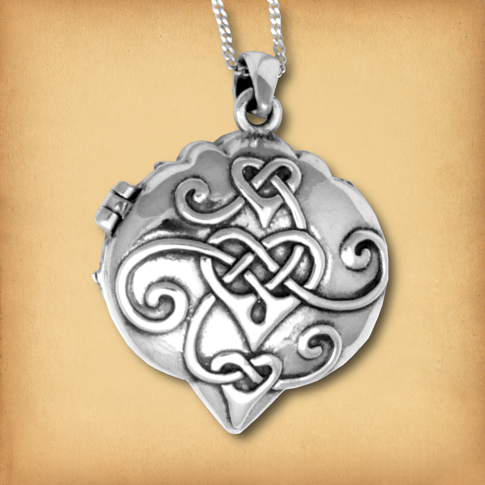 Back side of the Silver Amethyst Heart Pentacle Locket, showcasing Celtic-inspired heart design with flowing curves.