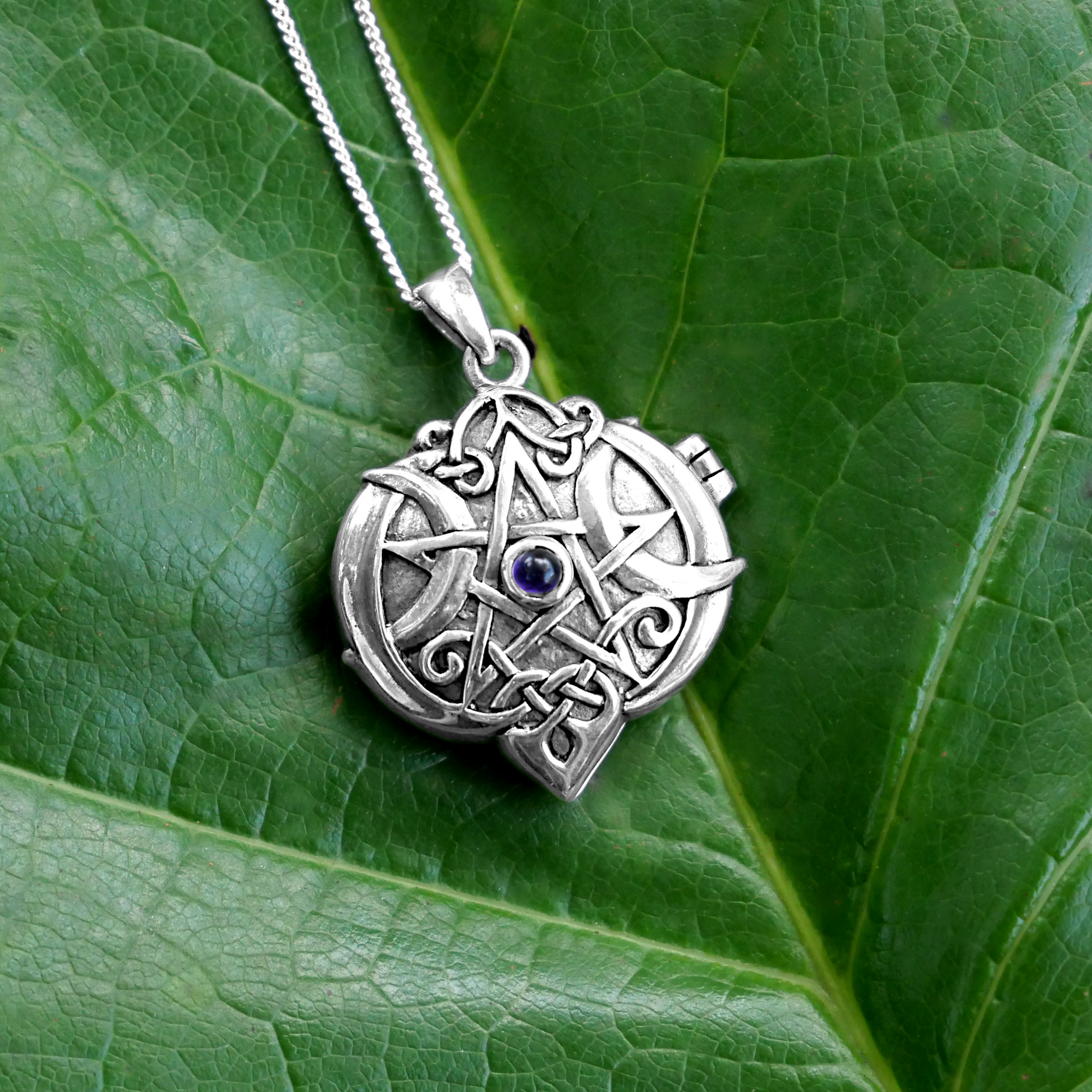 Silver Amethyst Heart Pentacle Locket displayed on a green leaf, showing the pentacle design with crescent moons and gemstone