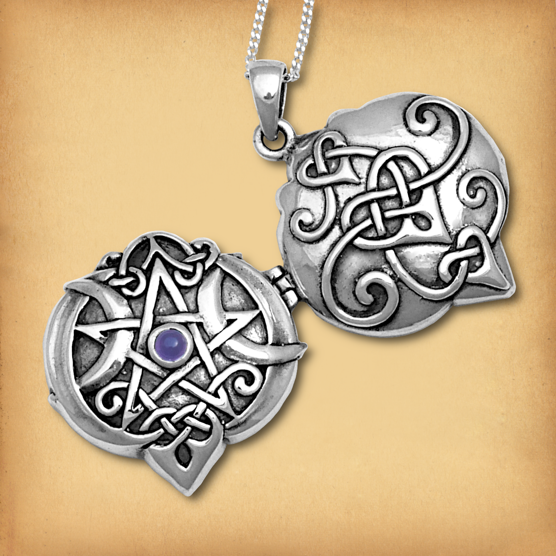 Silver Amethyst Heart Pentacle Locket, shown open to reveal the pentacle, gemstone, and Celtic knotwork on the front and back
