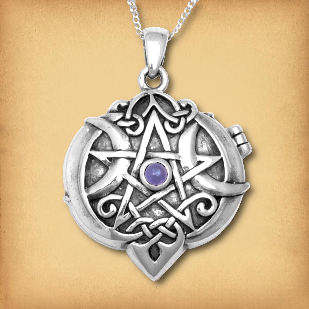 Sterling Silver Amethyst Heart Pentacle Locket with a Celtic pentacle design, crescent moons, and an amethyst gemstone.