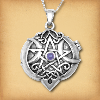 Sterling Silver Amethyst Heart Pentacle Locket with a Celtic pentacle design, crescent moons, and an amethyst gemstone.