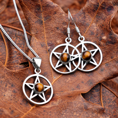 Silver Pentacle Pendant w/ Tiger Eye