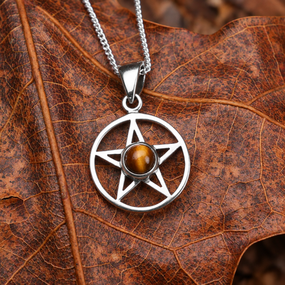 Silver Pentacle Pendant w/ Tiger Eye