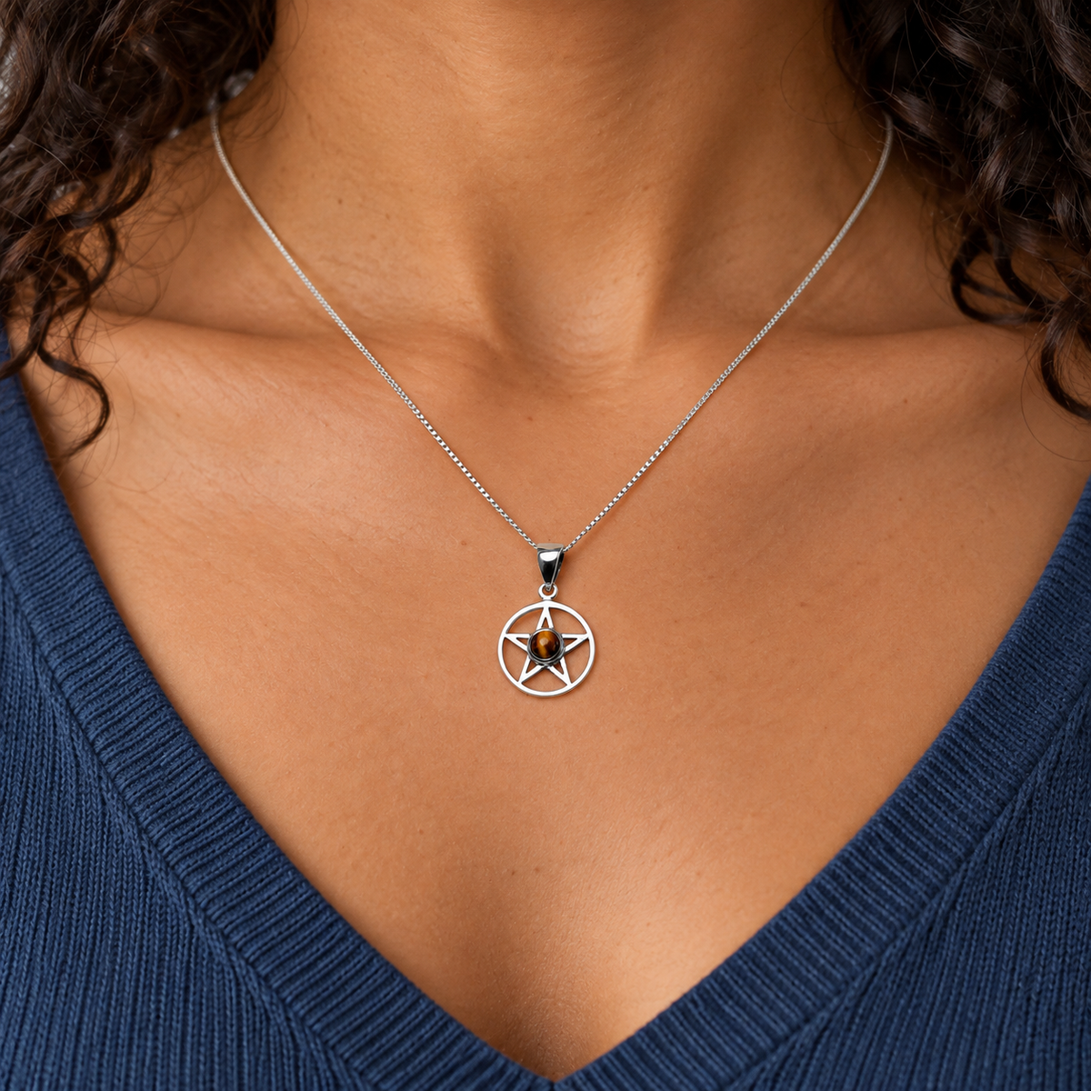 Silver Pentacle Pendant w/ Tiger Eye