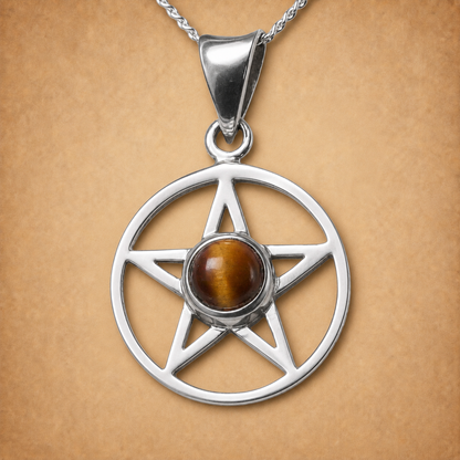 Silver Pentacle Pendant w/ Tiger Eye
