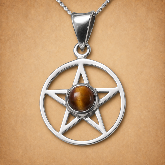 Silver Pentacle Pendant w/ Tiger Eye