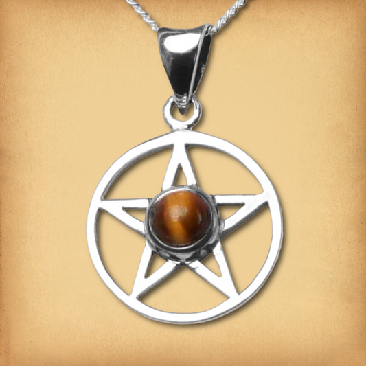Silver Pentacle Pendant w/ Tiger Eye, showcasing a striking golden-brown gemstone within the classic five-pointed star design