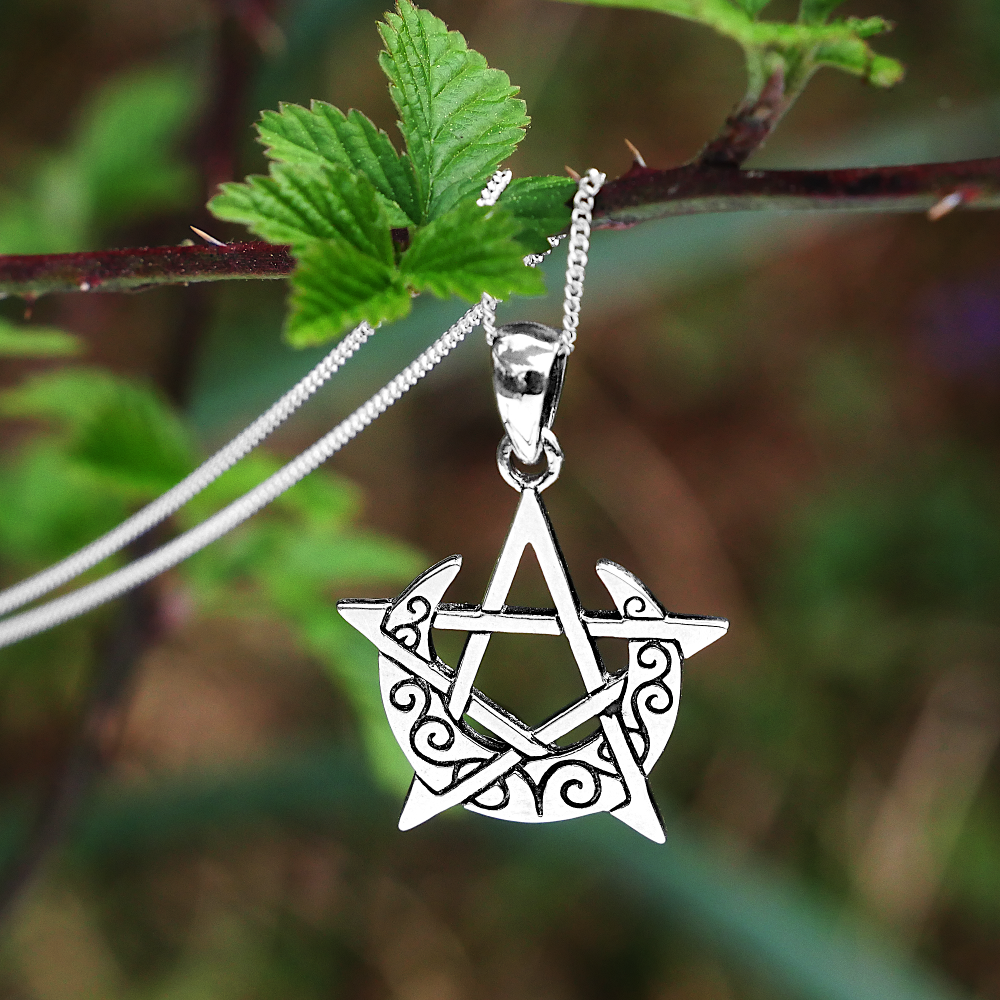925 Sterling Silver Pentagram Moon & Stars Ring - Pagan Wiccan Jewelry