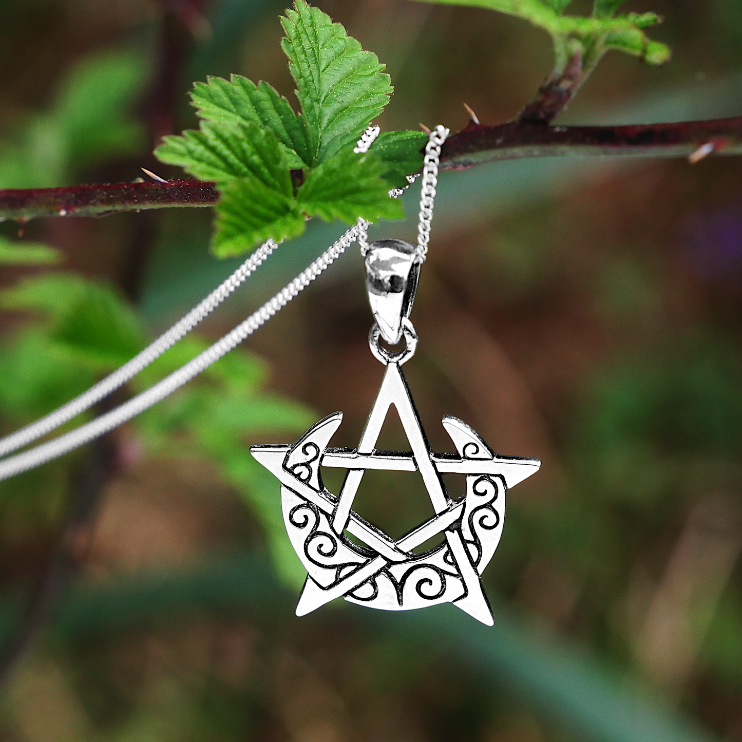 Sterling Silver Crescent Moon Pentacle Pendant, featuring a mystical moon and star design, hanging gracefully on a branch.