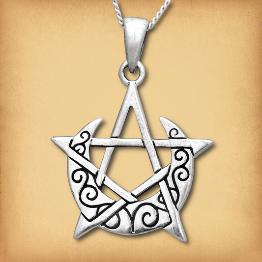Silver Crescent Moon Pentacle Pendant, showing a crescent moon with swirling patterns, intertwined with the arms of the star.