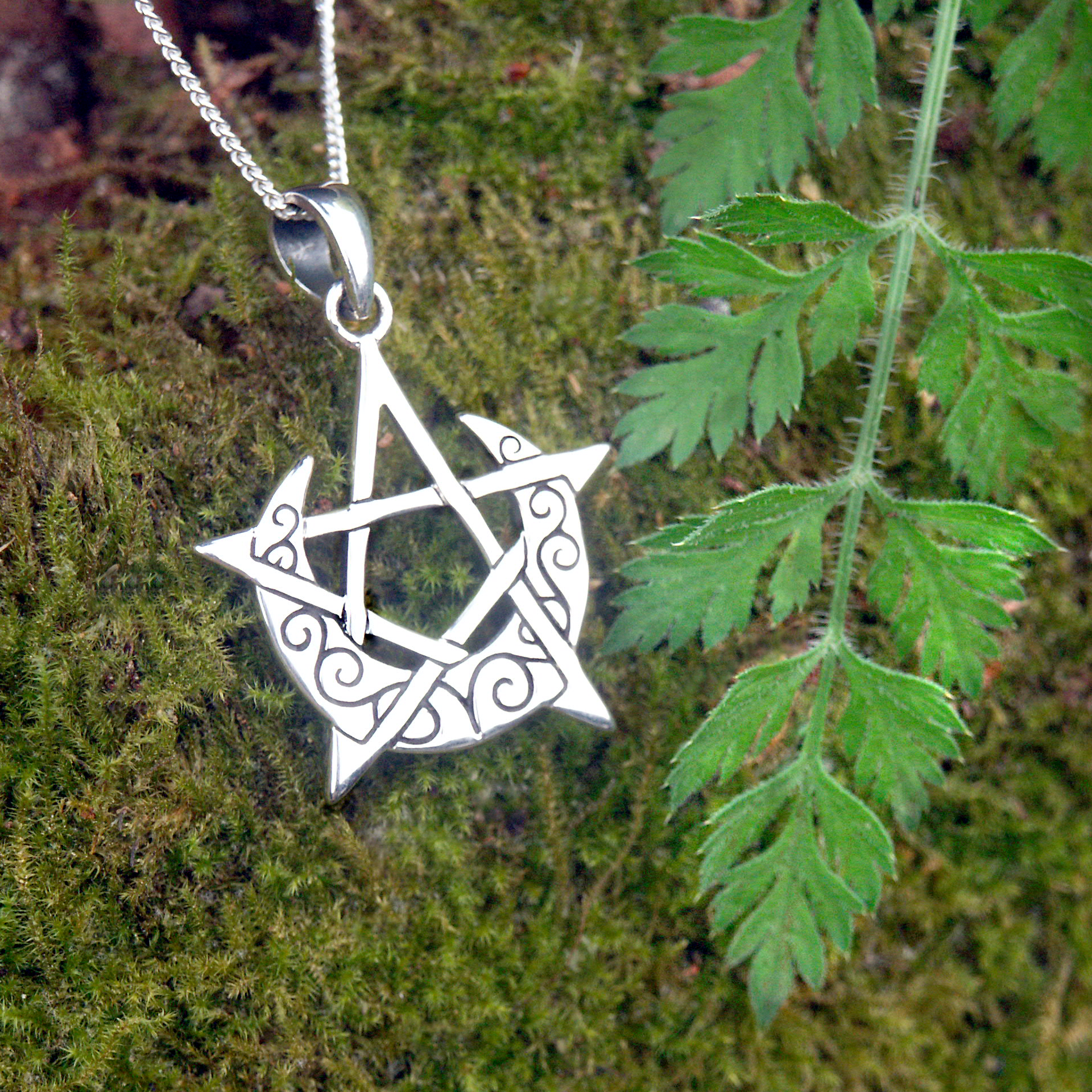 Silver Crescent Moon Pentacle Pendant