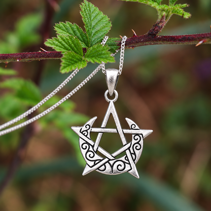 Silver Crescent Moon Pentacle Pendant