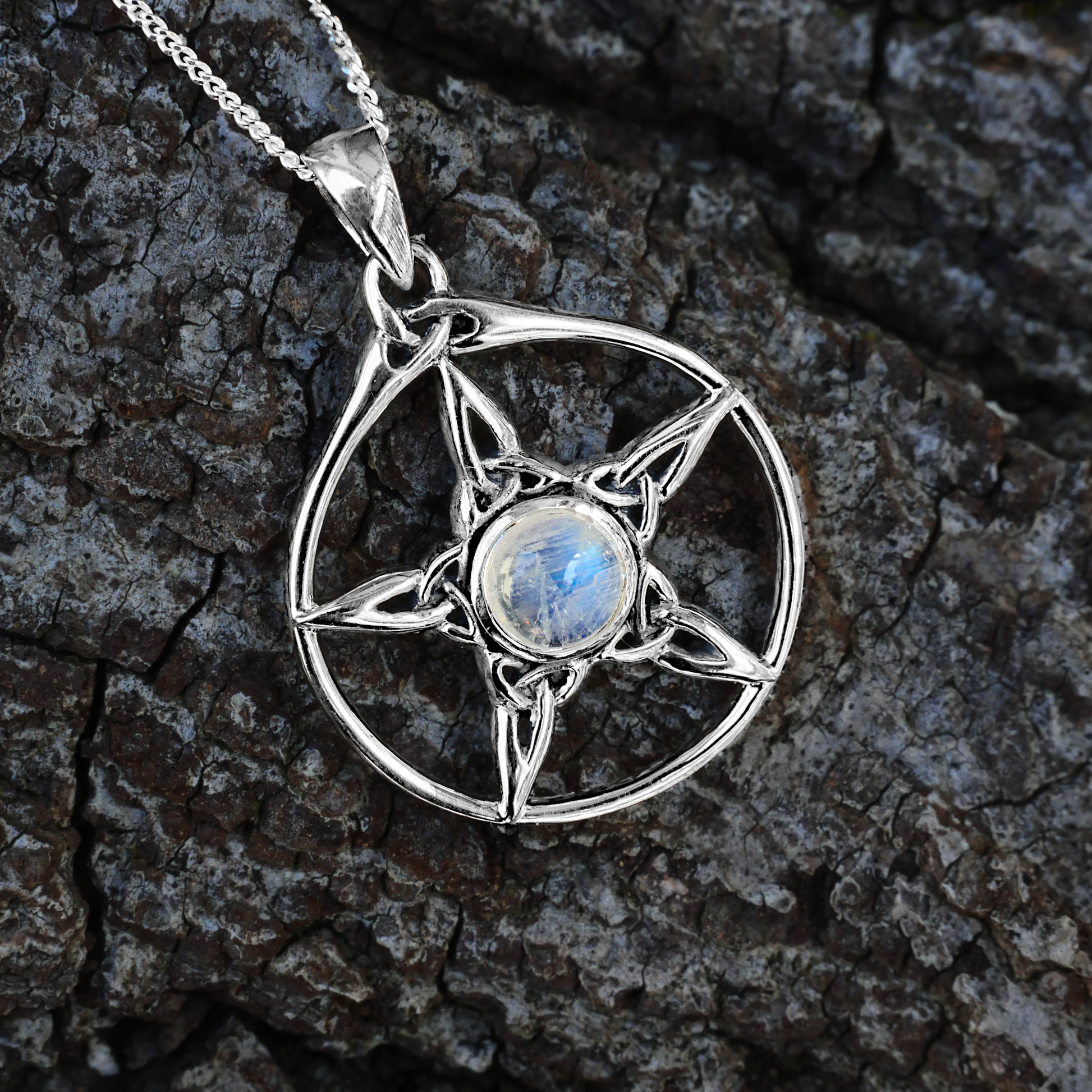 Silver Moonstone Triquetra Pentacle Pendant