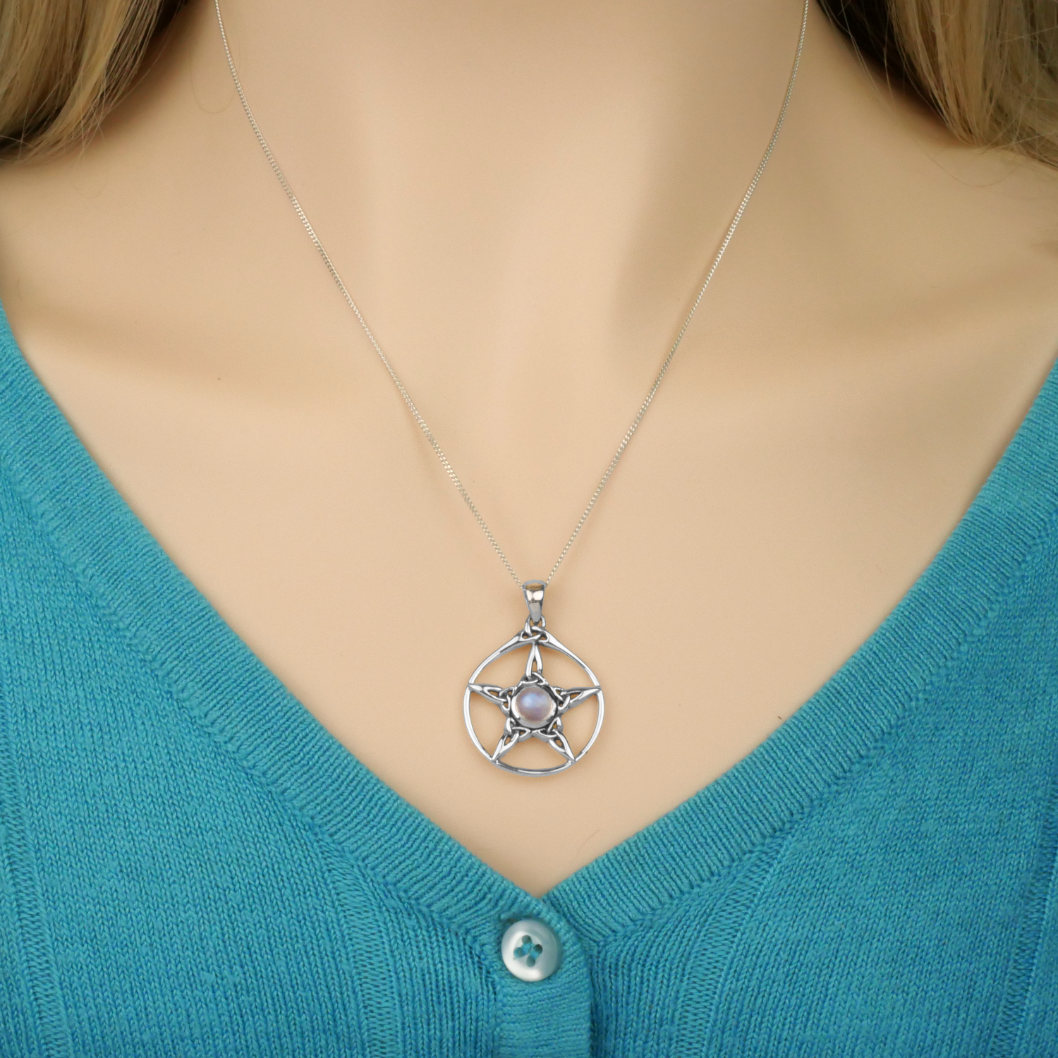 Silver Moonstone Triquetra Pentacle Pendant