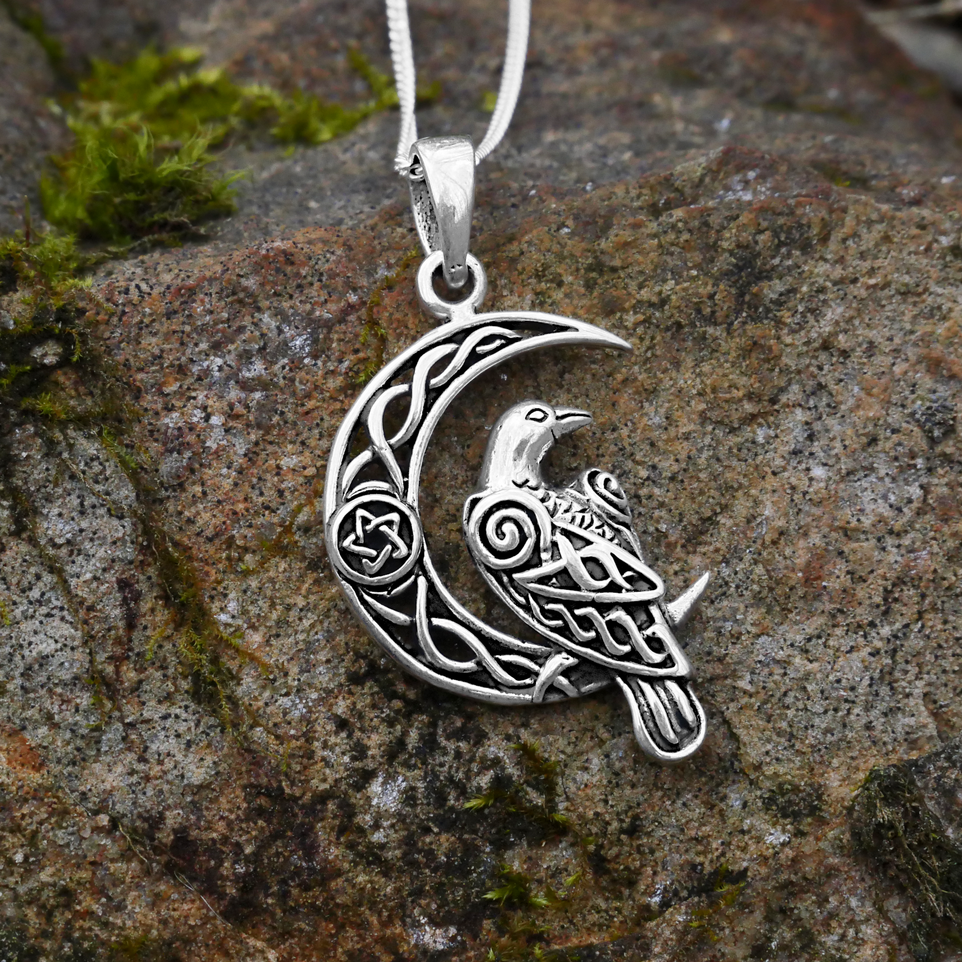Silver Celtic Moon Raven Pendant - Main Image