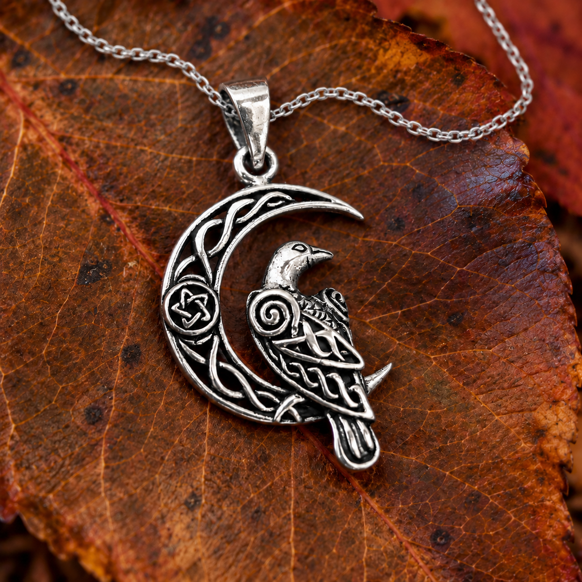 Silver Celtic Moon Raven Pendant