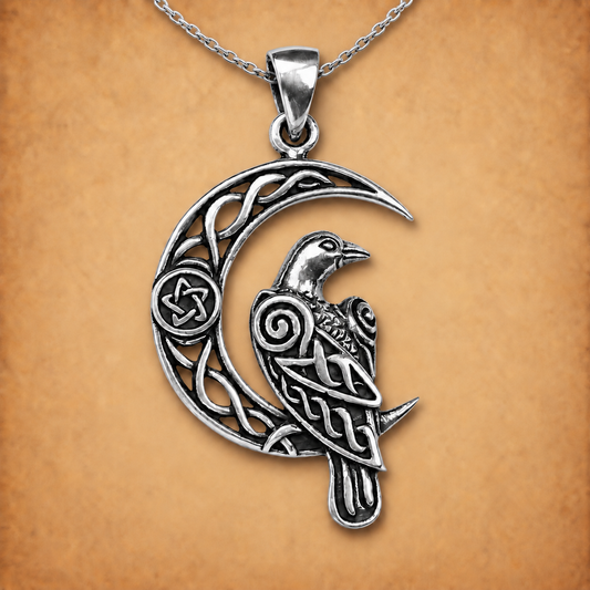 Silver Celtic Moon Raven Pendant