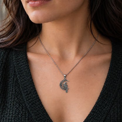 Silver Celtic Moon Raven Pendant