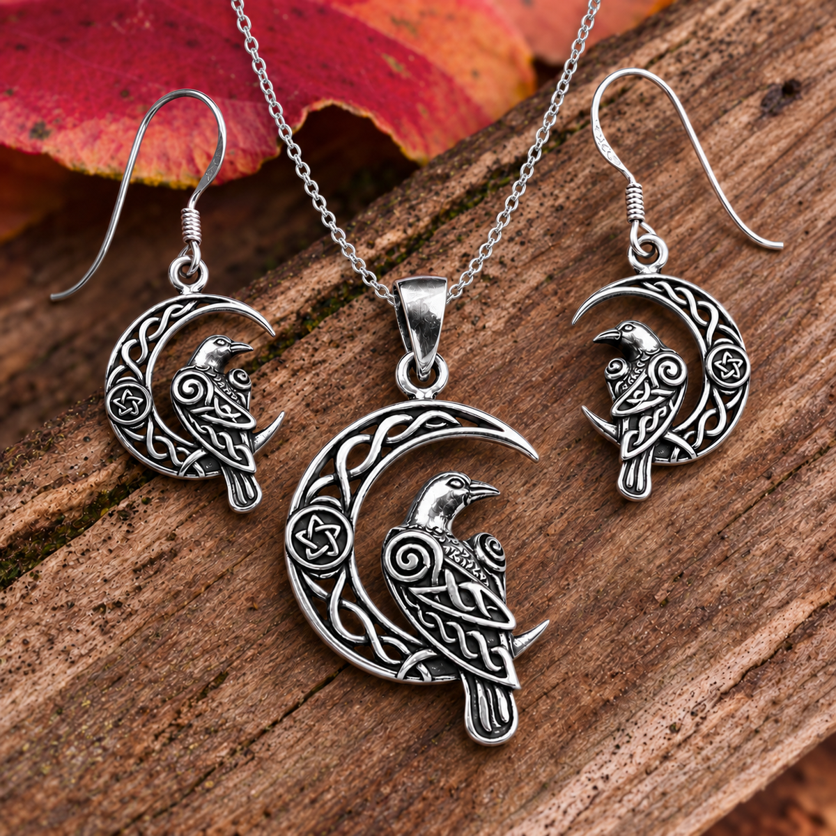 Silver Celtic Moon Raven Pendant