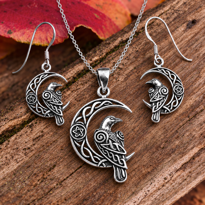Silver Celtic Moon Raven Pendant