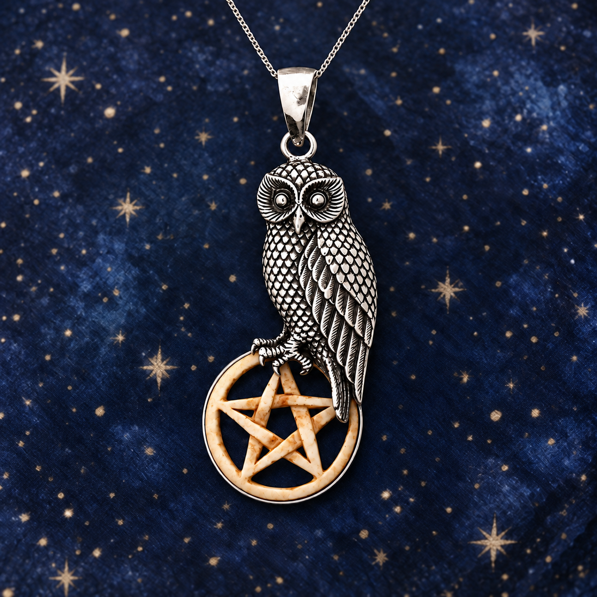 Silver Owl with Bone Pentacle Pendant