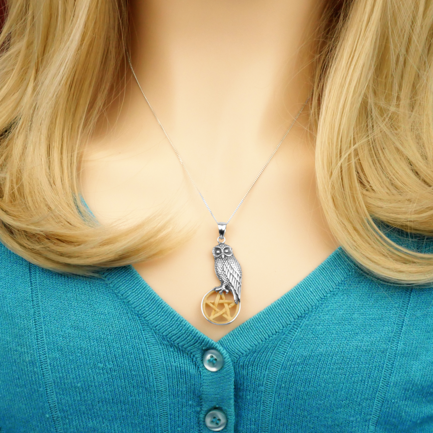 Sterling Silver Owl with Bone Pentacle Pendant – Pagan Necklace Sterling Silver Owl with Bone Pentacle Pendant – Pagan Necklace