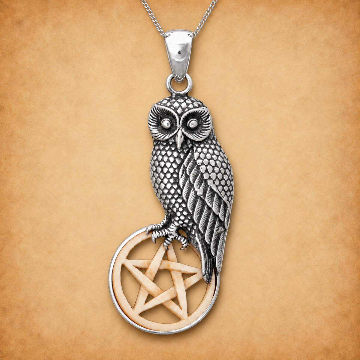 Silver Owl with Bone Pentacle Pendant