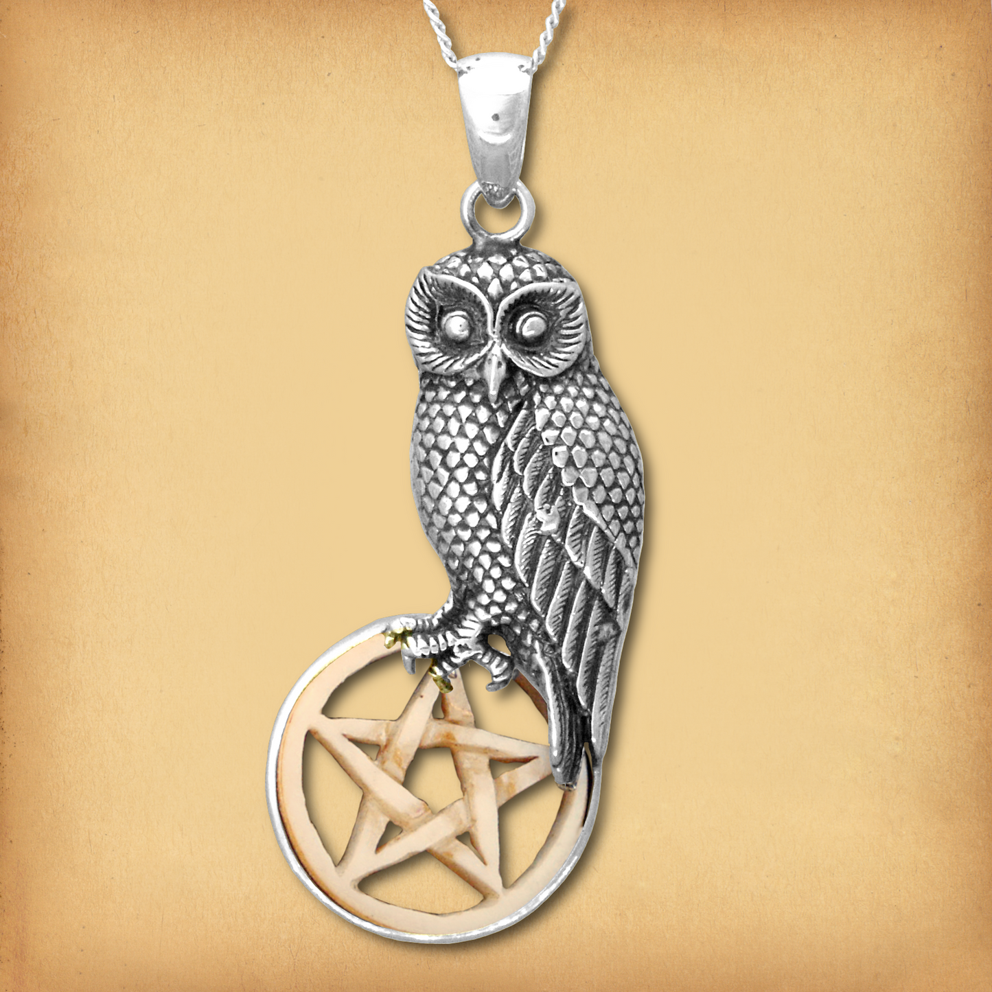 Sterling Silver Owl with Bone Pentacle Pendant – Pagan Necklace Sterling Silver Owl with Bone Pentacle Pendant – Pagan Necklace