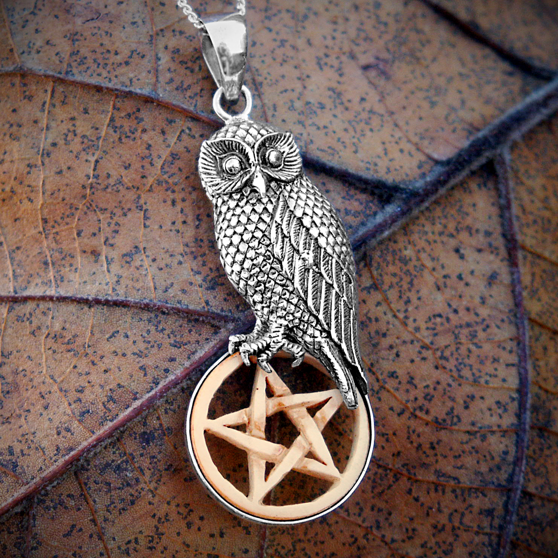Sterling Silver Owl with Bone Pentacle Pendant – Pagan Necklace Sterling Silver Owl with Bone Pentacle Pendant – Pagan Necklace