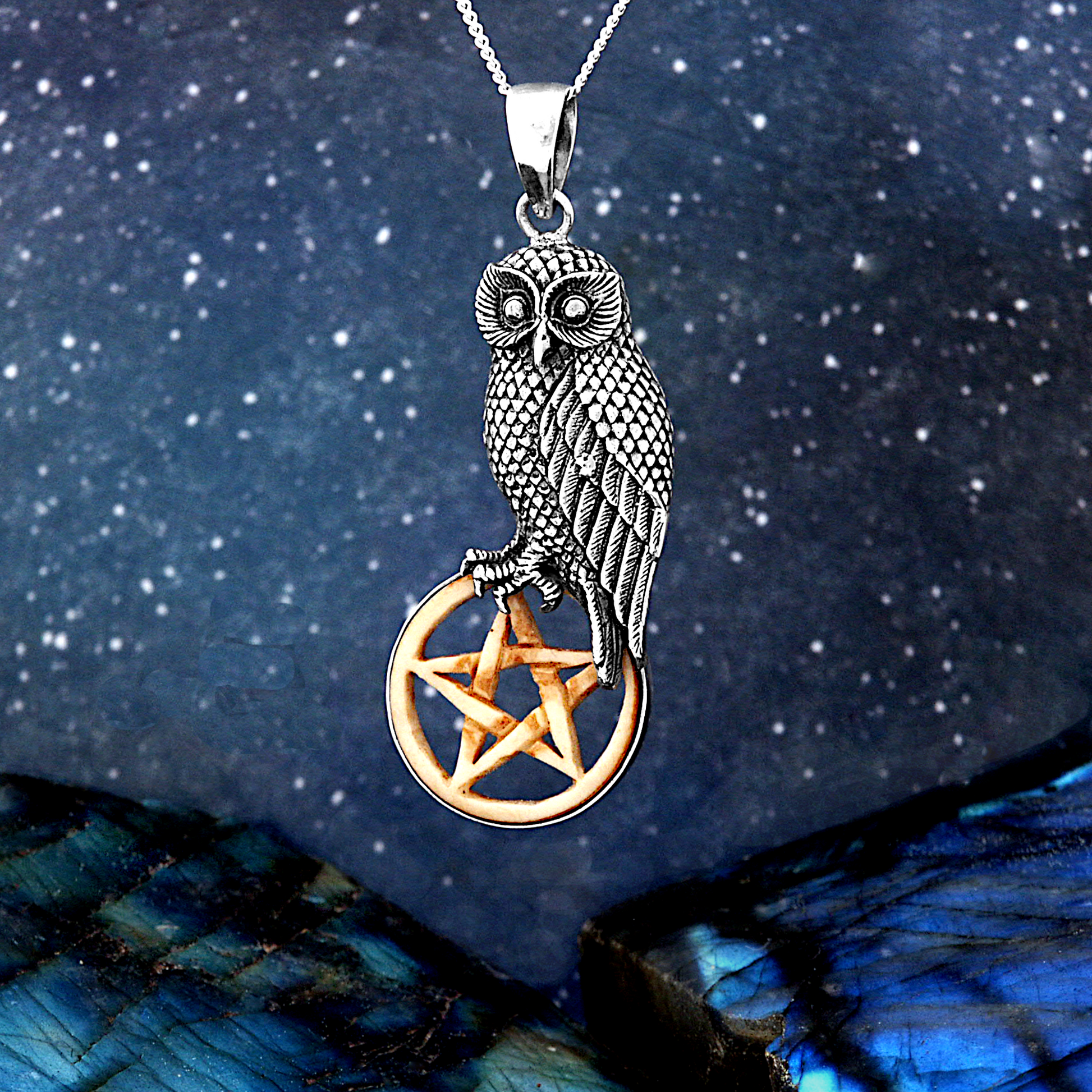 Sterling Silver Owl with Bone Pentacle Pendant – Pagan Necklace Sterling Silver Owl with Bone Pentacle Pendant – Pagan Necklace