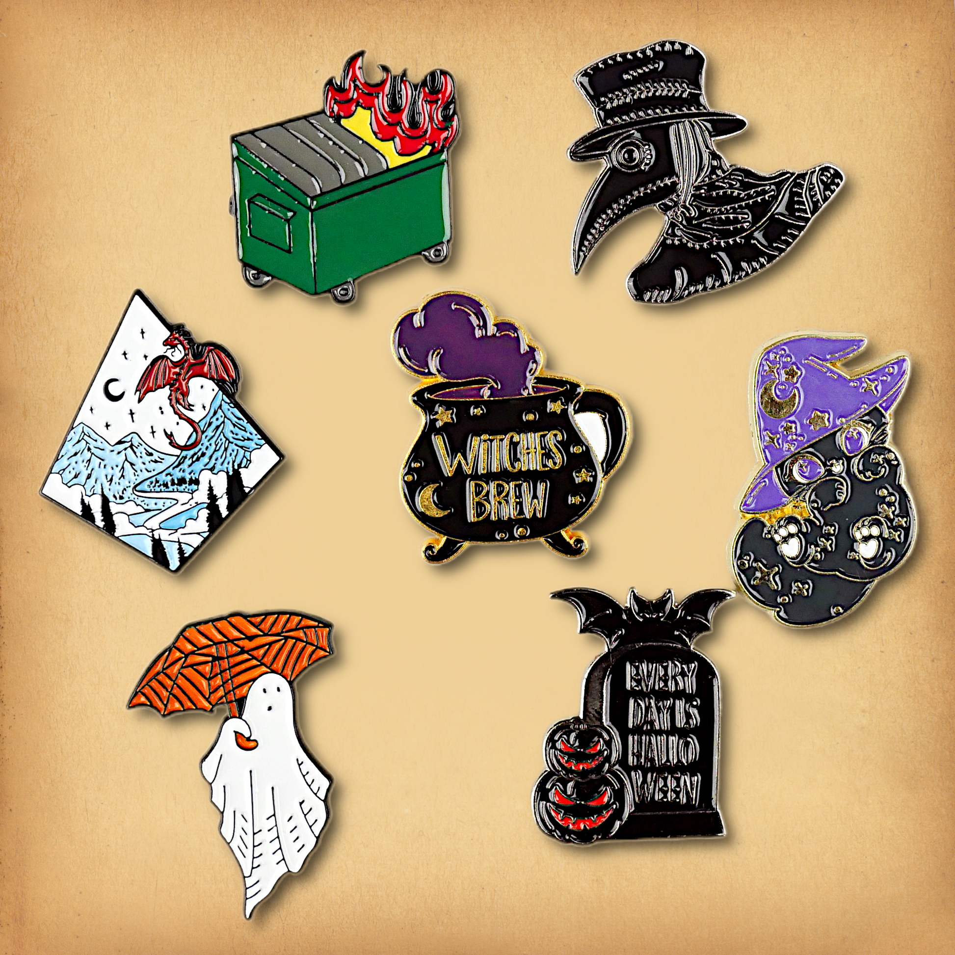 Clearance sale bundle of 7 enamel pins. Discounted, discontinued stock.
