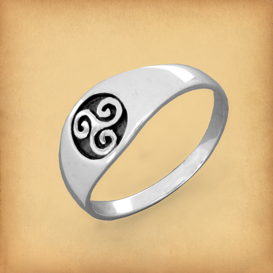 Silver Triskele Signet Ring with a Celtic-inspired triple spiral symbol, cast into a sleek sterling silver band.