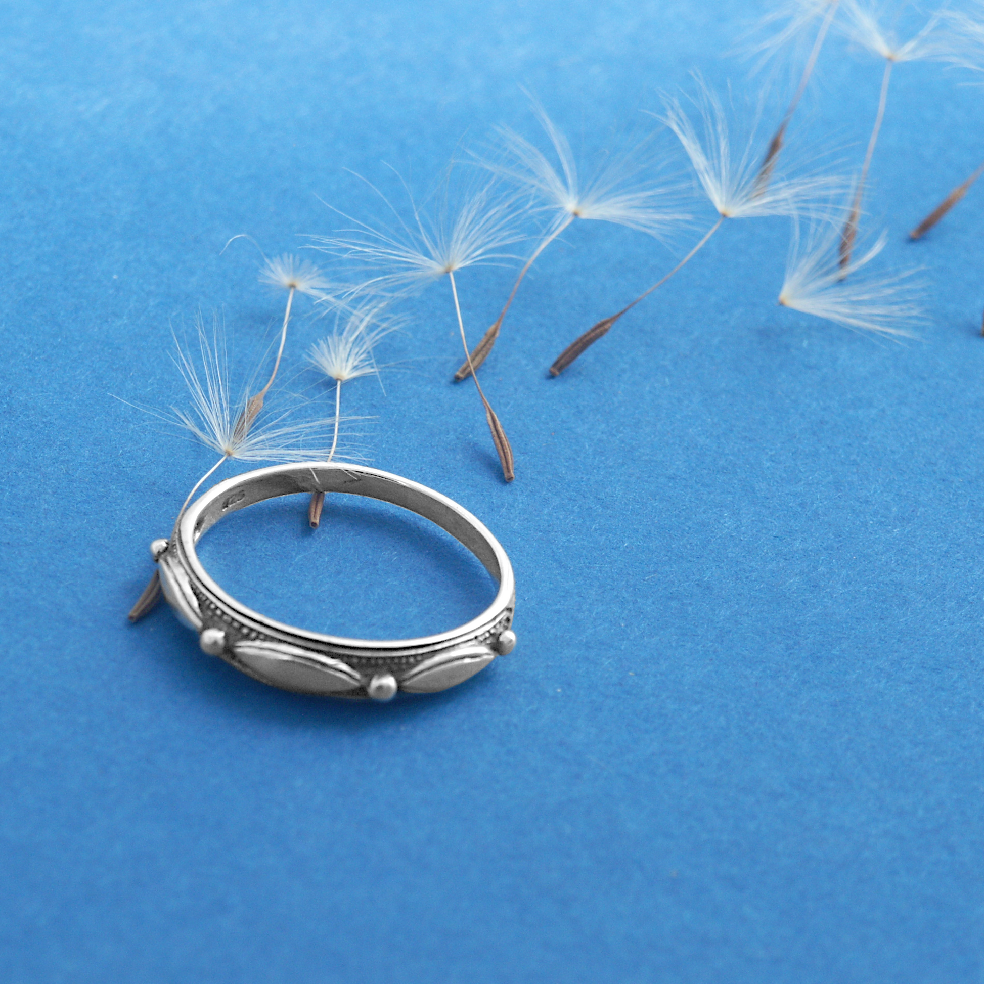 Minimalist “Touch of Silver" Ring resting on a sky blue backdrop surrounded by floating dandelion seeds for a whimsical touch