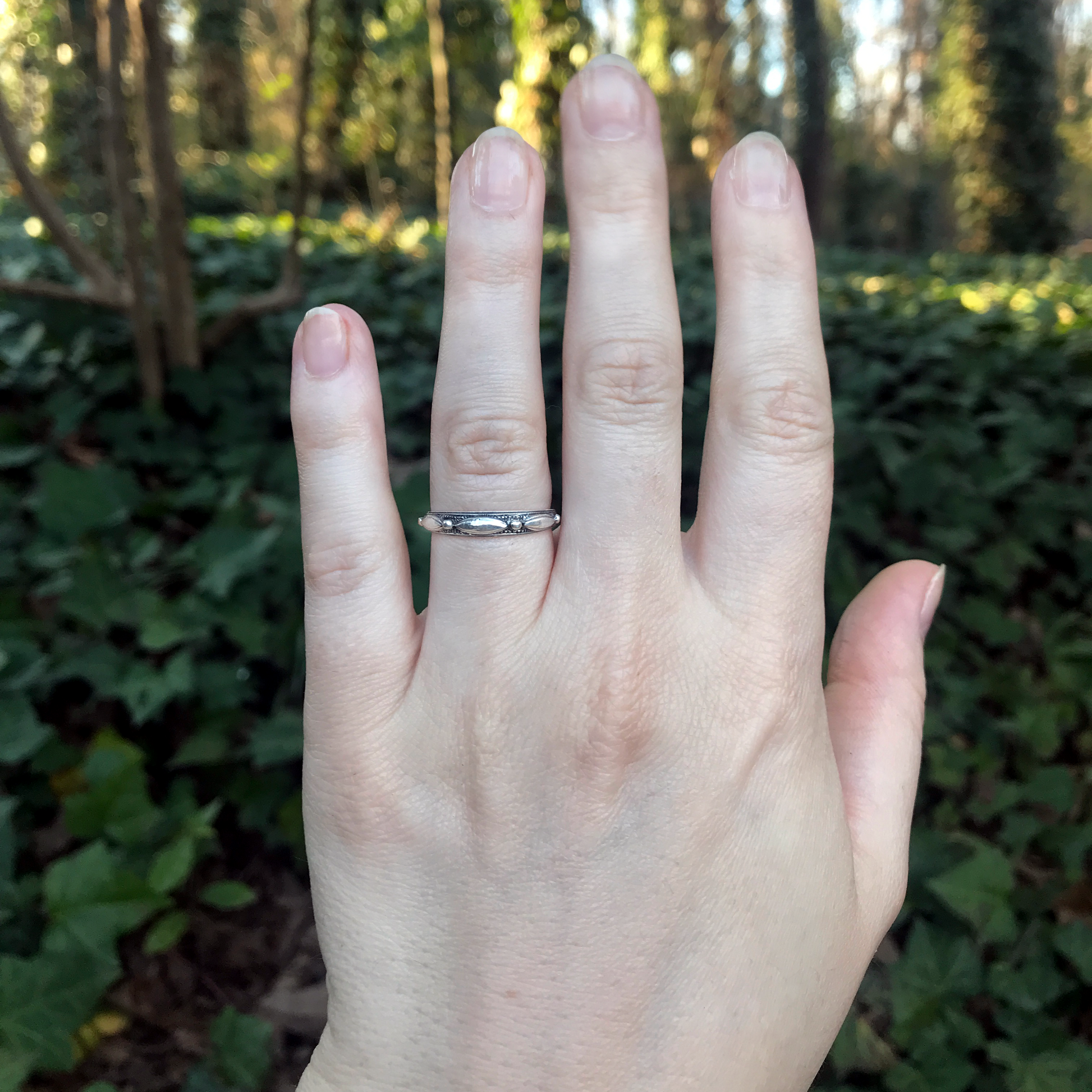 "Touch of Silver" Ring, worn on a hand surrounded by lush greenery,  highlighing its elegant, minimalist design.