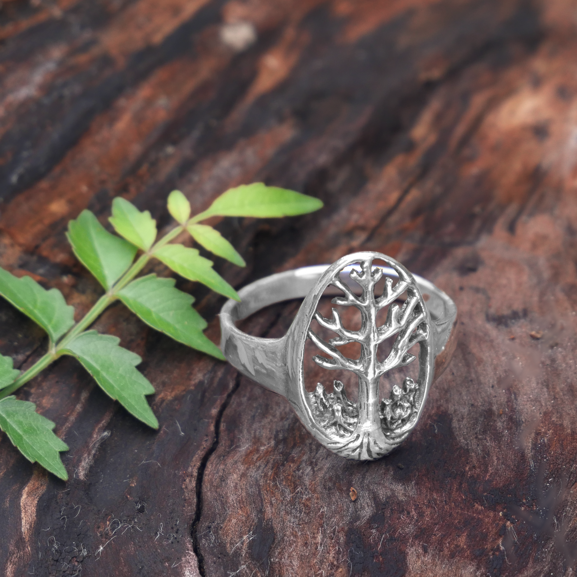 Sterling Silver Tree of Life Ring, resting on a weathered log, emphasizing its symbolic connection to growth and Nature.