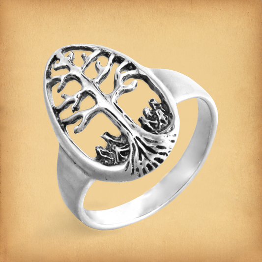 Sterling Silver Tree of Life Ring, featuring an intricately detailed tree design with roots and branches in an openwork style