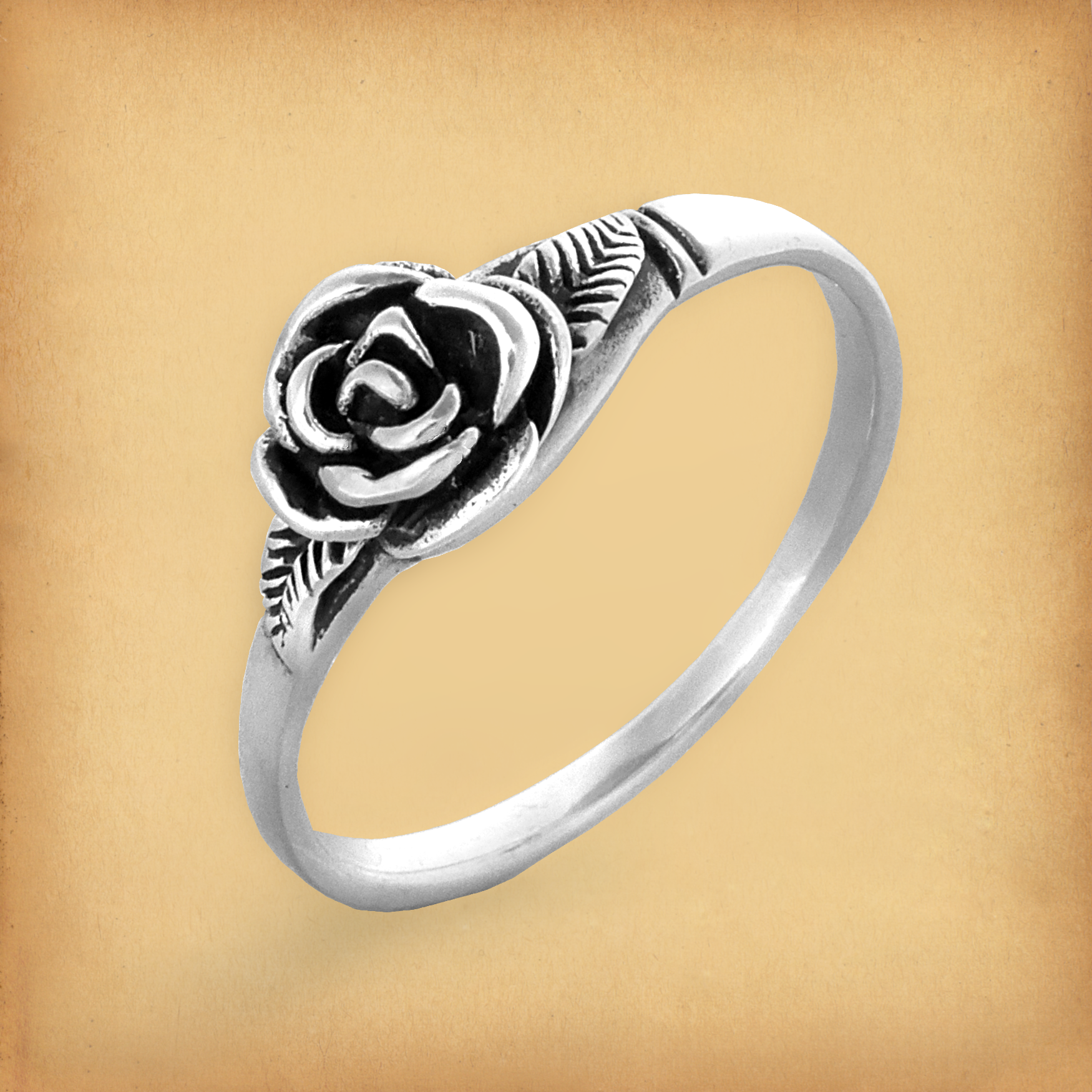 Sterling Silver Rose Ring with a delicately sculpted rose and leaf motif, highlighting its elegant and romantic design.