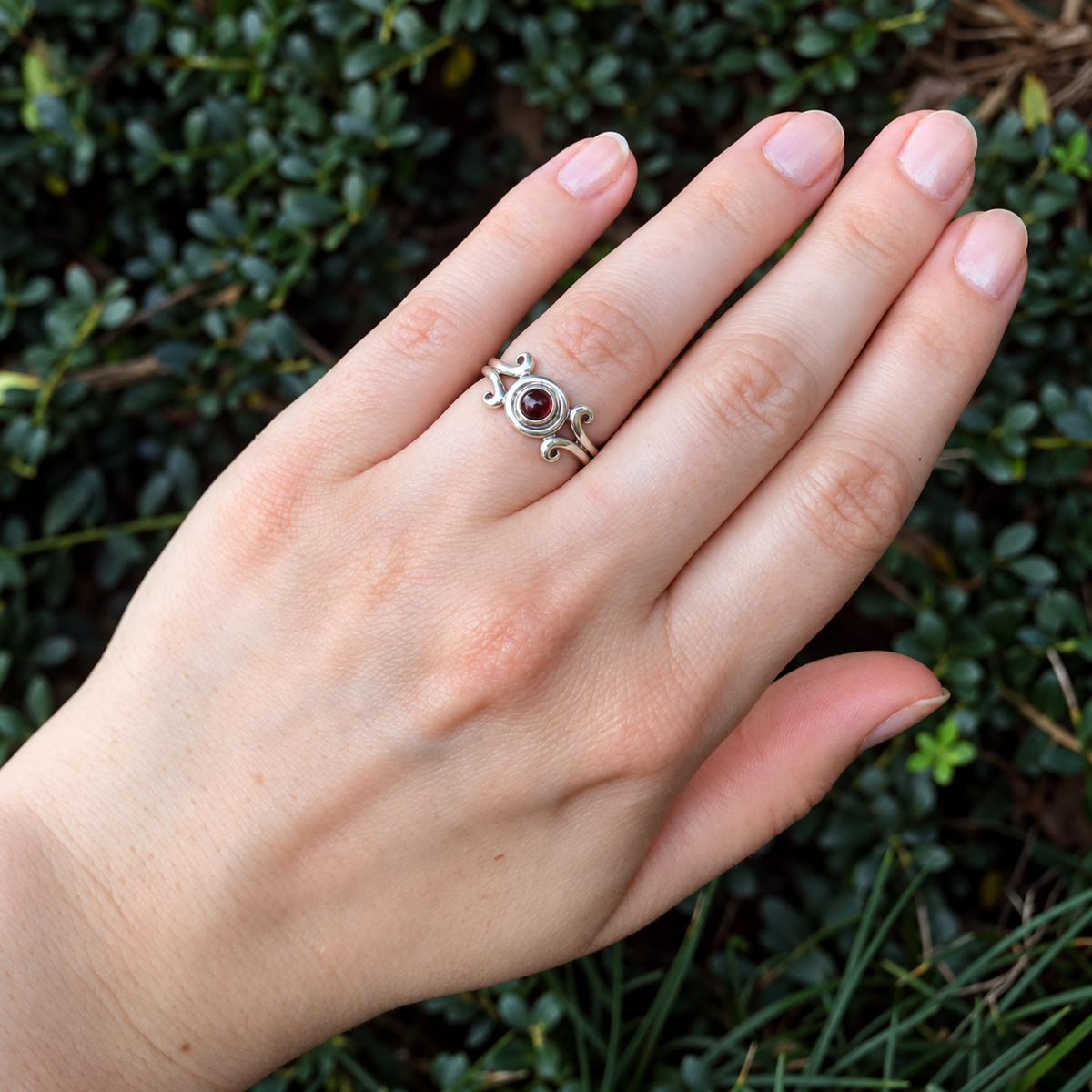 Silver Garnet Scroll Ring