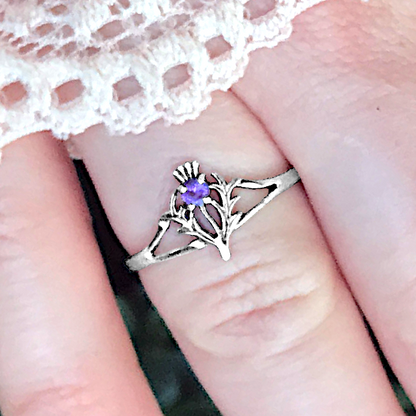 Silver Amethyst Thistle Ring