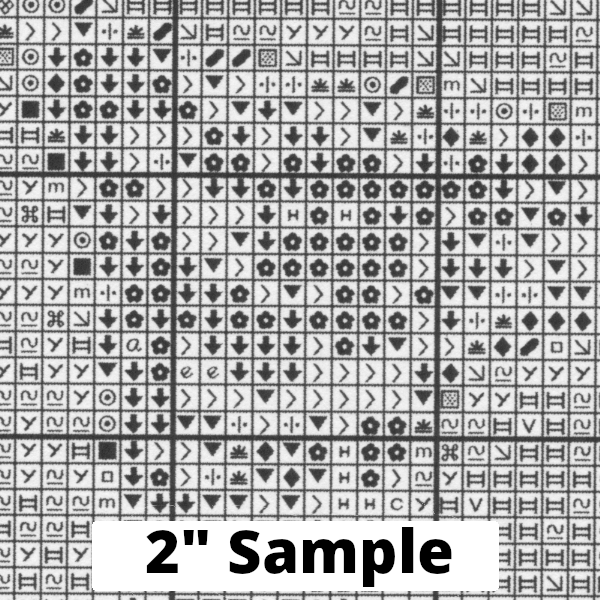 Part of the printed cross stitch chart, showing 2” section of the gridded pattern, with black/white symbols for each stitch.