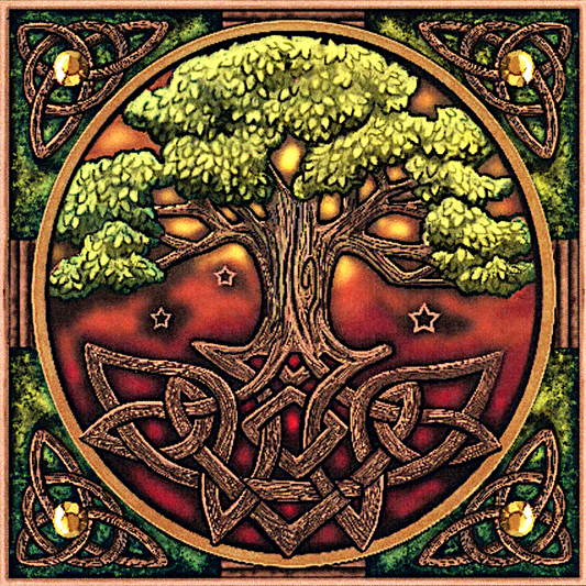 Tree of Life cross stitch design featuring an ancient tree with outstretched branches and Celtic knotwork roots.