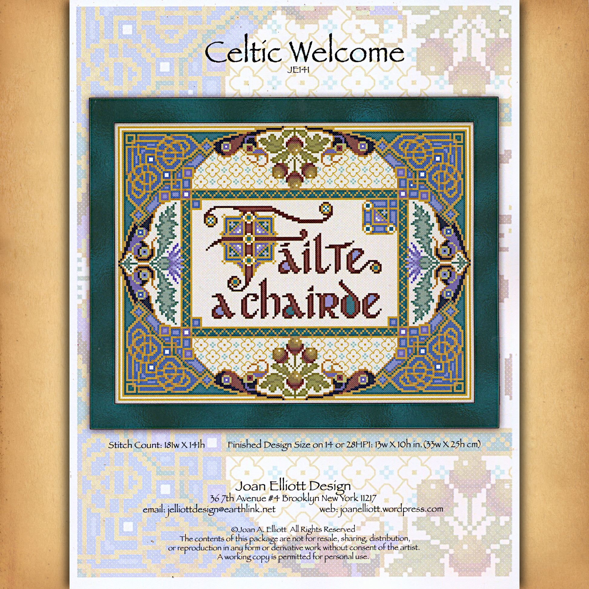 Cover of the printed Fáilte a Chairde cross stitch pattern, displaying a richly detailed Celtic welcome design.
