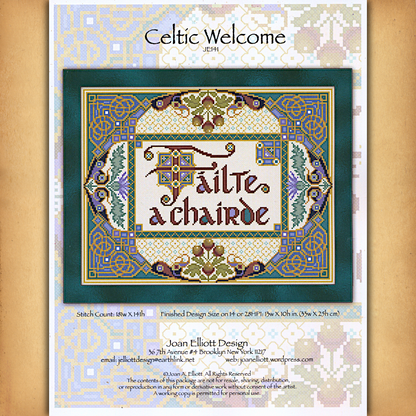 Cover of the printed Fáilte a Chairde cross stitch pattern, displaying a richly detailed Celtic welcome design.