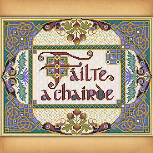 Fáilte a Chairde cross stitch design featuring ornate Celtic-inspired border and Gaelic welcome message in decorative script.