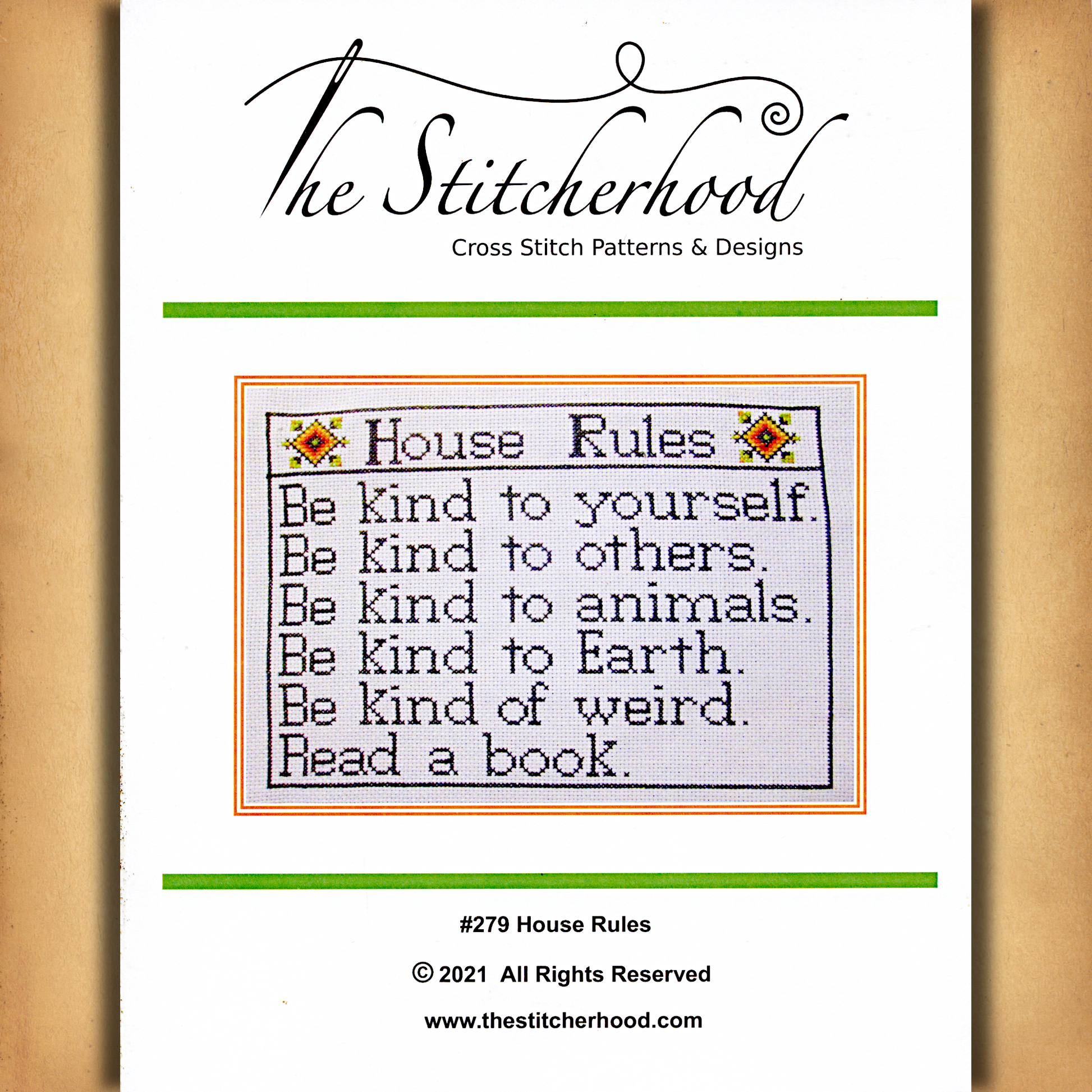 Cover page of the printed House Rules cross stitch pattern displaying a color picture of the completed kindness-themed design